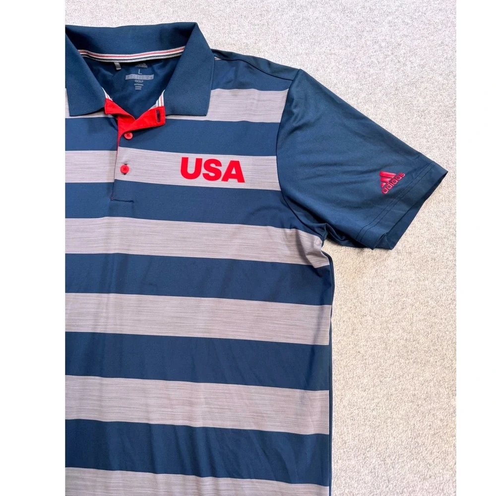 Adidas Golf Polo Shirt Mens Large Blue Gray Striped USA Performance Short Sleeve